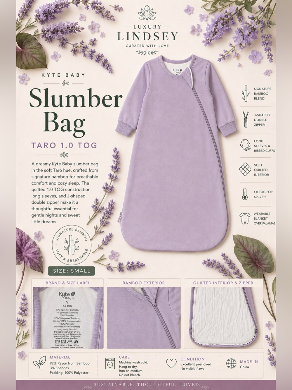 Kyte Baby Taro Lavender Slumber Bag 1.0 TOG Size Small Bamboo Sleep Sack